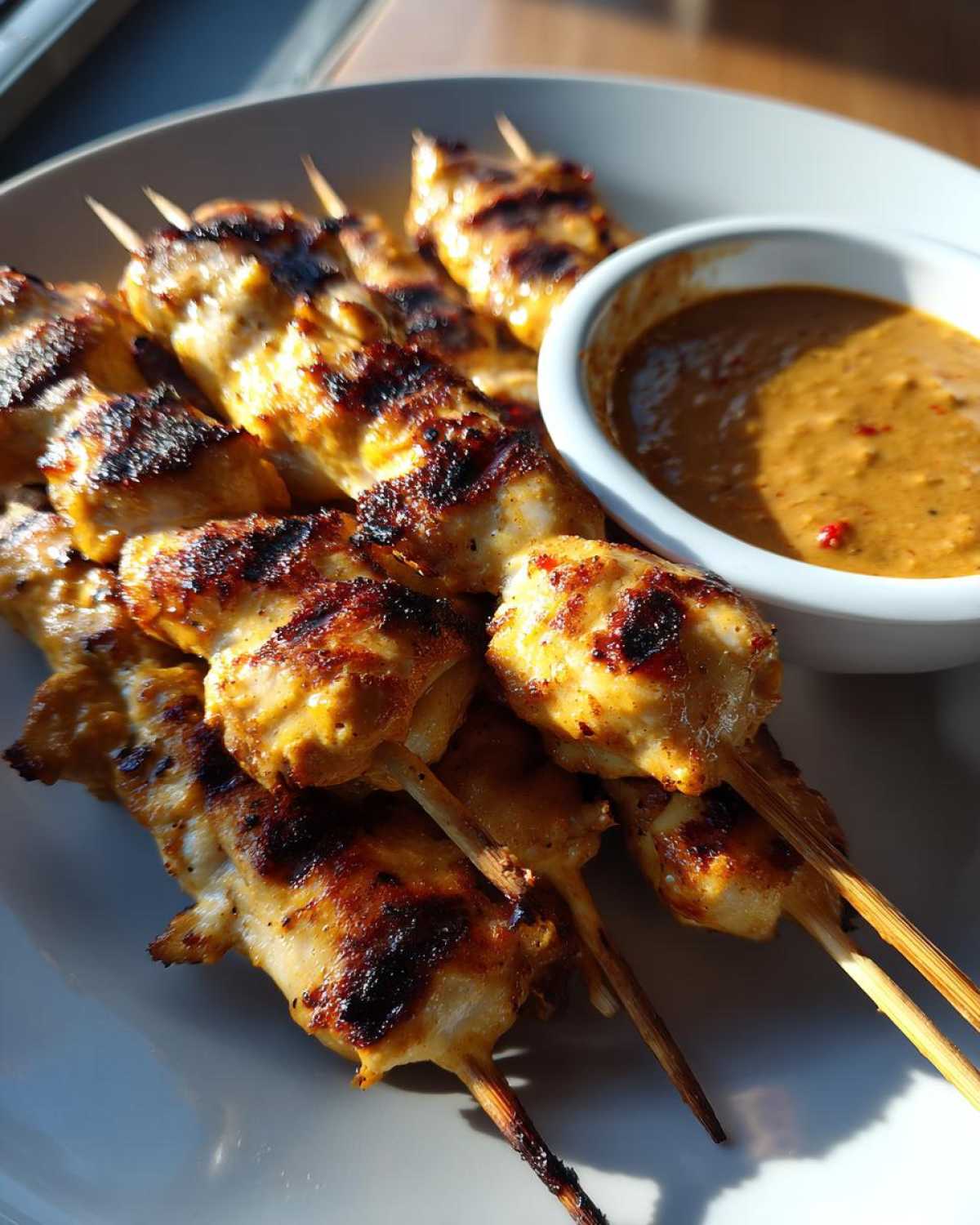 Close-up of grilled chicken satay skewers served with a side of creamy peanut dipping sauce.