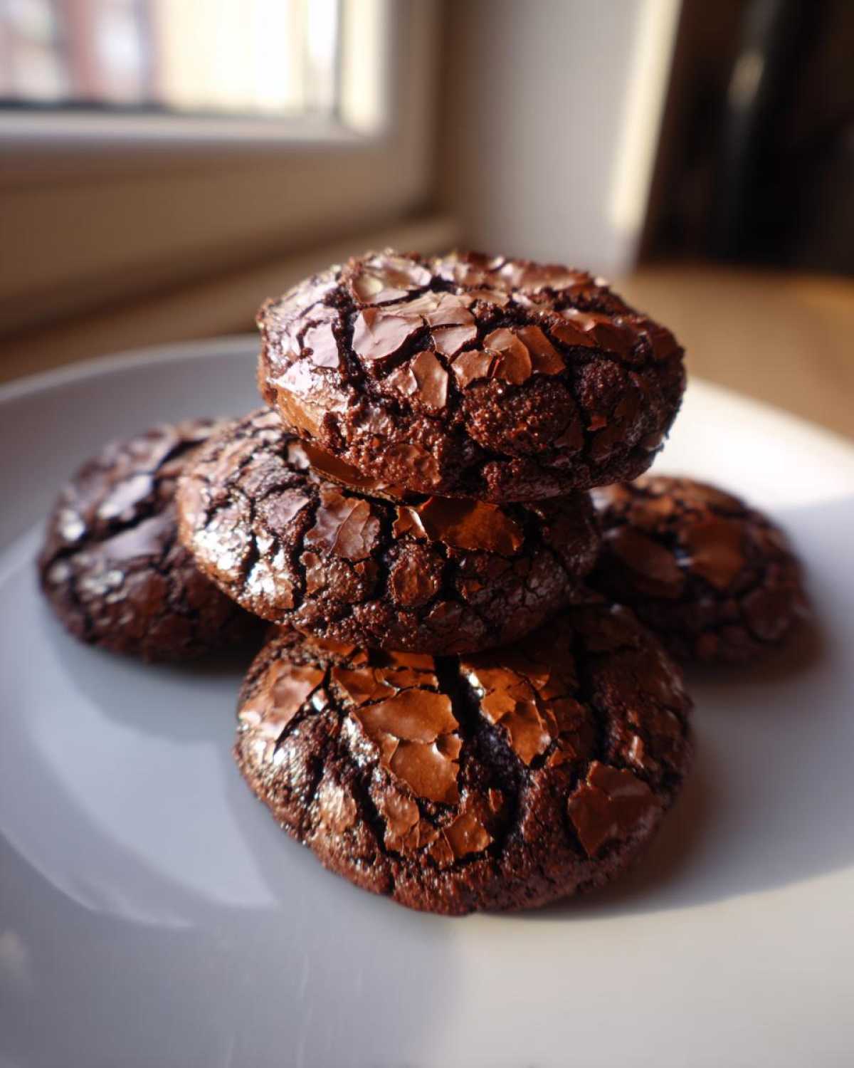 A stack of five rich, dark chocolate brownie cookies featuring classic cracked, shiny tops, served on a white plate.