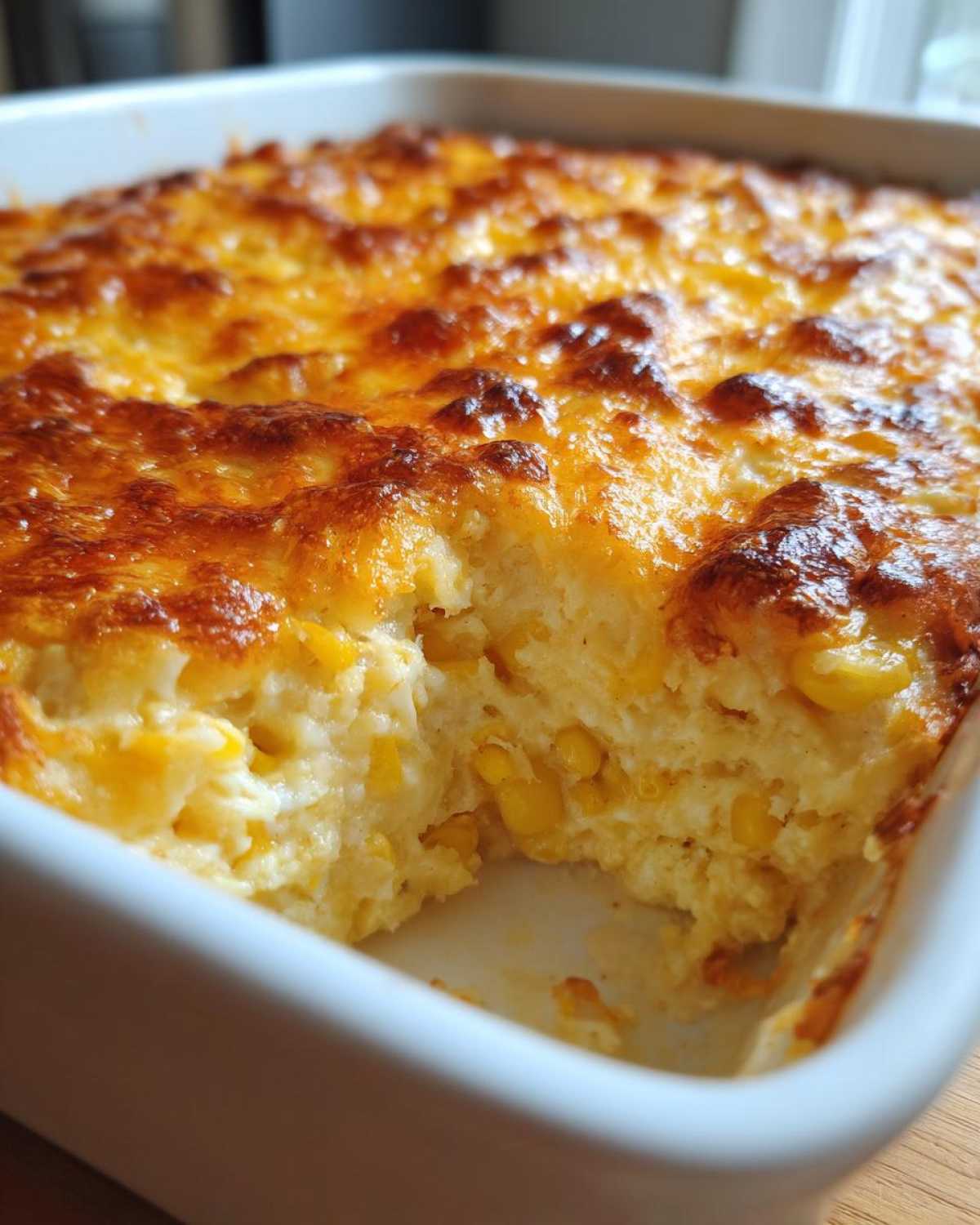 Close-up of a creamy corn dip baked in a white dish with a bubbly, golden-brown cheese crust.