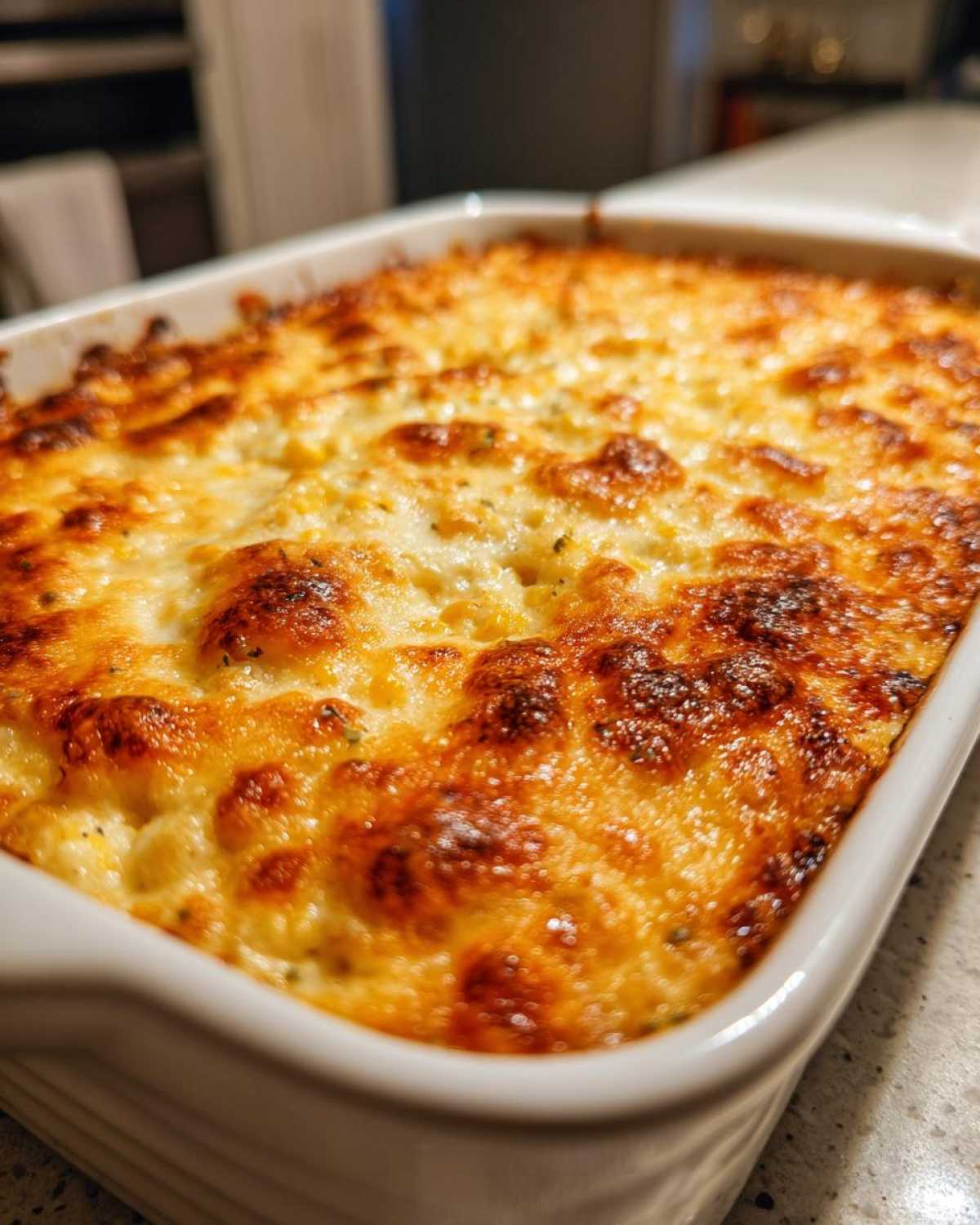 Close-up of a baked, creamy corn dip in a white casserole dish with a bubbly, golden-brown cheese topping.