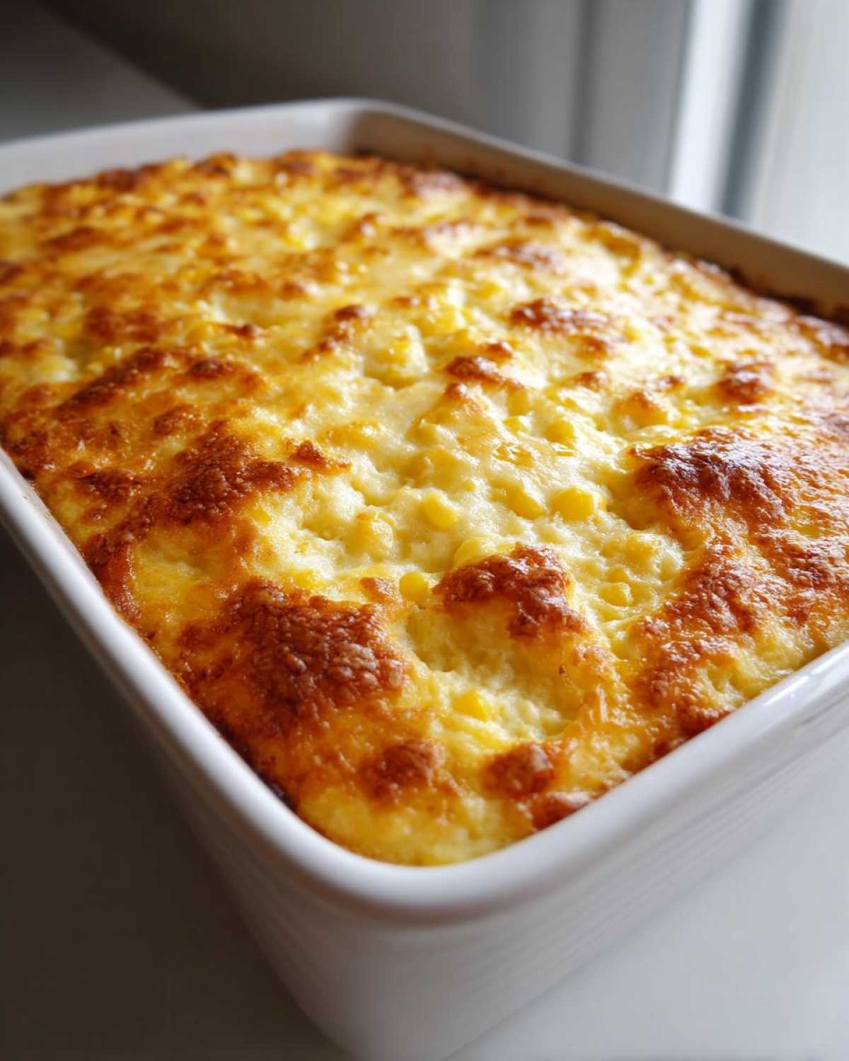 Close-up of amazing creamy corn dip baked until golden brown and bubbly in a white rectangular dish.