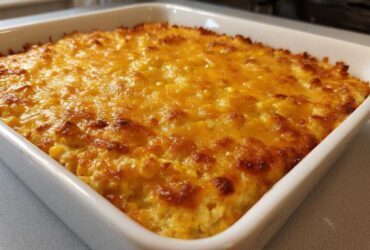 A close-up of a baked, creamy corn dip topped with melted, golden-brown cheese in a white baking dish.