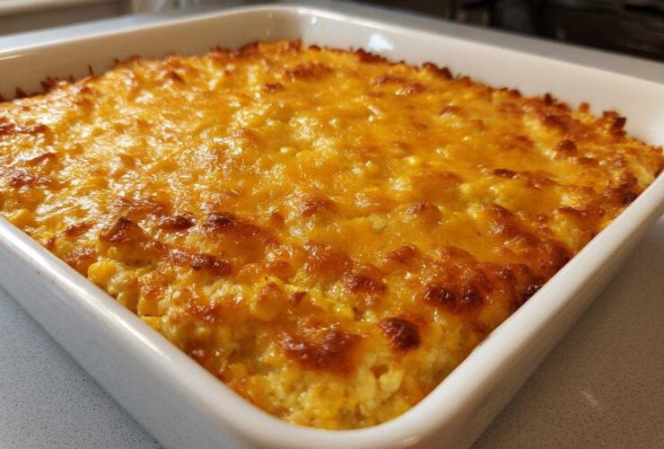 A close-up of a baked, creamy corn dip topped with melted, golden-brown cheese in a white baking dish.