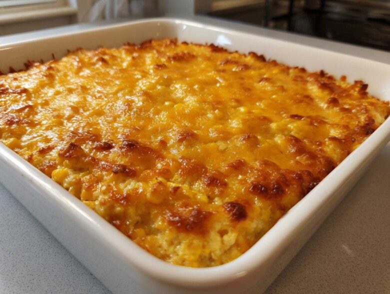 A close-up of a baked, creamy corn dip topped with melted, golden-brown cheese in a white baking dish.