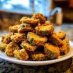 A close-up shot of a mound of perfectly crispy, golden-brown fried okra slices served on a white plate.