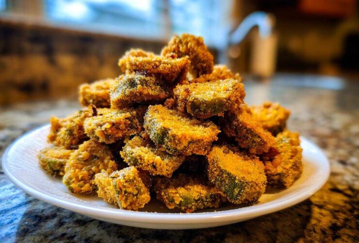 A close-up shot of a mound of perfectly crispy, golden-brown fried okra slices served on a white plate.