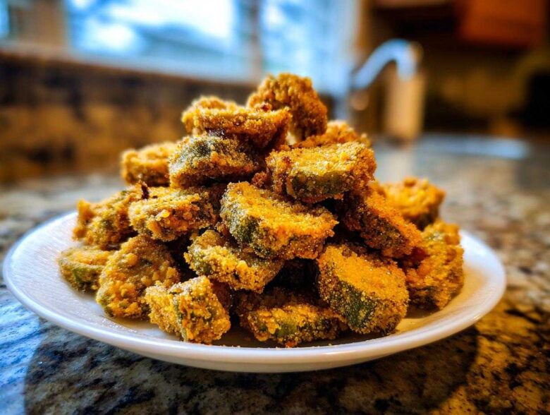 A close-up shot of a mound of perfectly crispy, golden-brown fried okra slices served on a white plate.