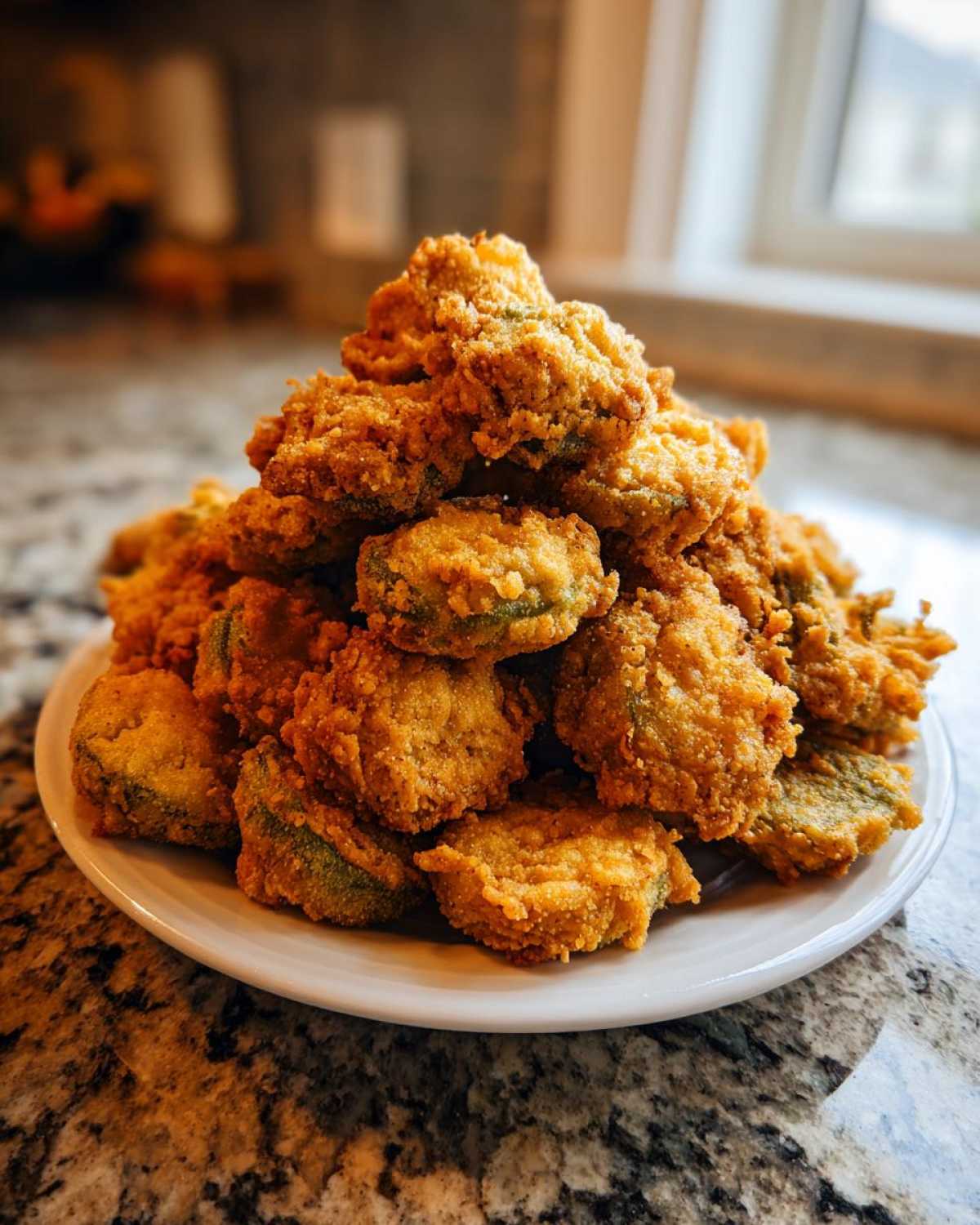 A large mound of golden brown, crispy fried okra piled high on a white plate, ready to serve.