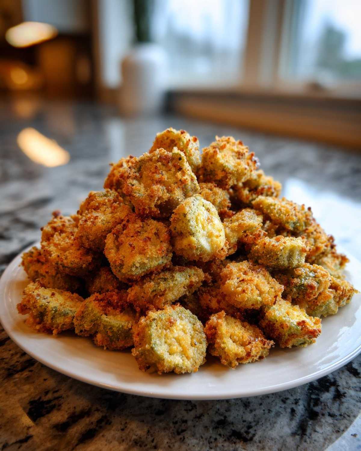 A large mound of golden brown, crispy fried okra piled high on a white plate, showcasing the perfect texture.
