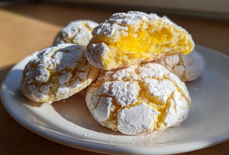 A stack of soft lemon crinkle cookies dusted with powdered sugar, one cookie is broken open showing a bright yellow lemon filling.
