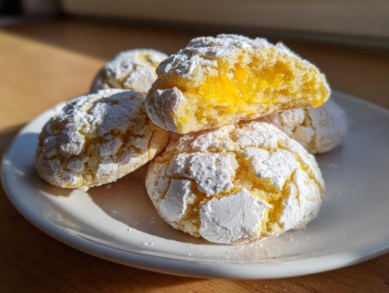 A stack of soft lemon crinkle cookies dusted with powdered sugar, one cookie is broken open showing a bright yellow lemon filling.