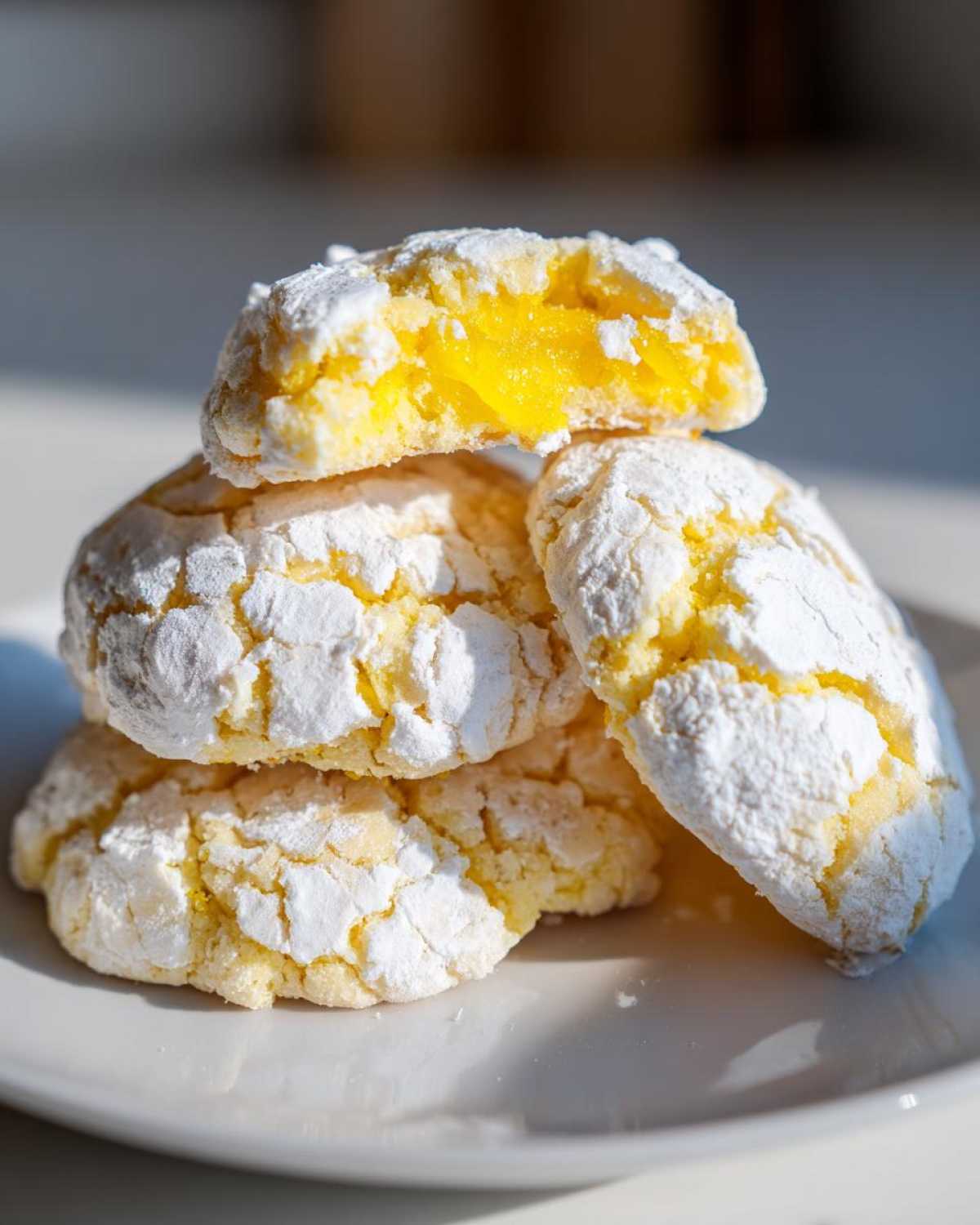 A stack of four bright yellow lemon crinkle cookies dusted heavily with powdered sugar, one cookie broken open to show the soft interior.