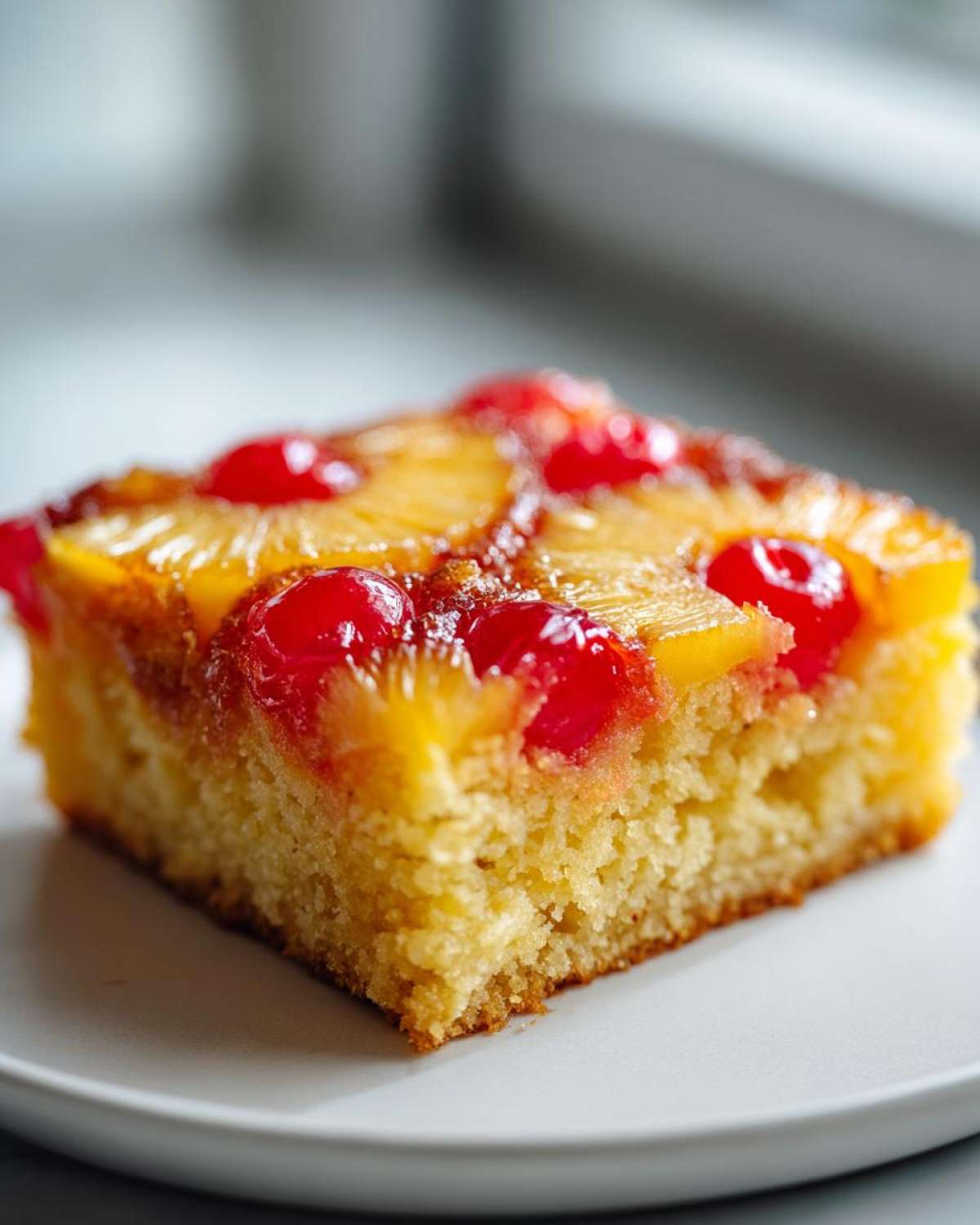 Close-up of a square slice of pineapple upside down cake topped with caramelized pineapple rings and bright red maraschino cherries.