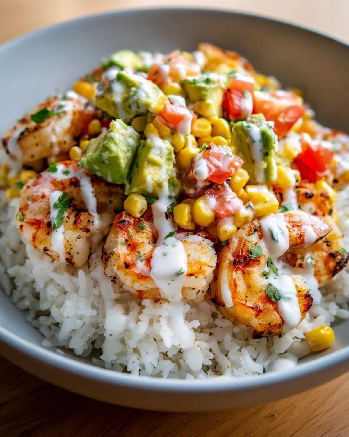 Close-up of a delicious shrimp bowl featuring grilled shrimp over white rice, topped with corn, avocado, tomato, and a creamy white sauce.