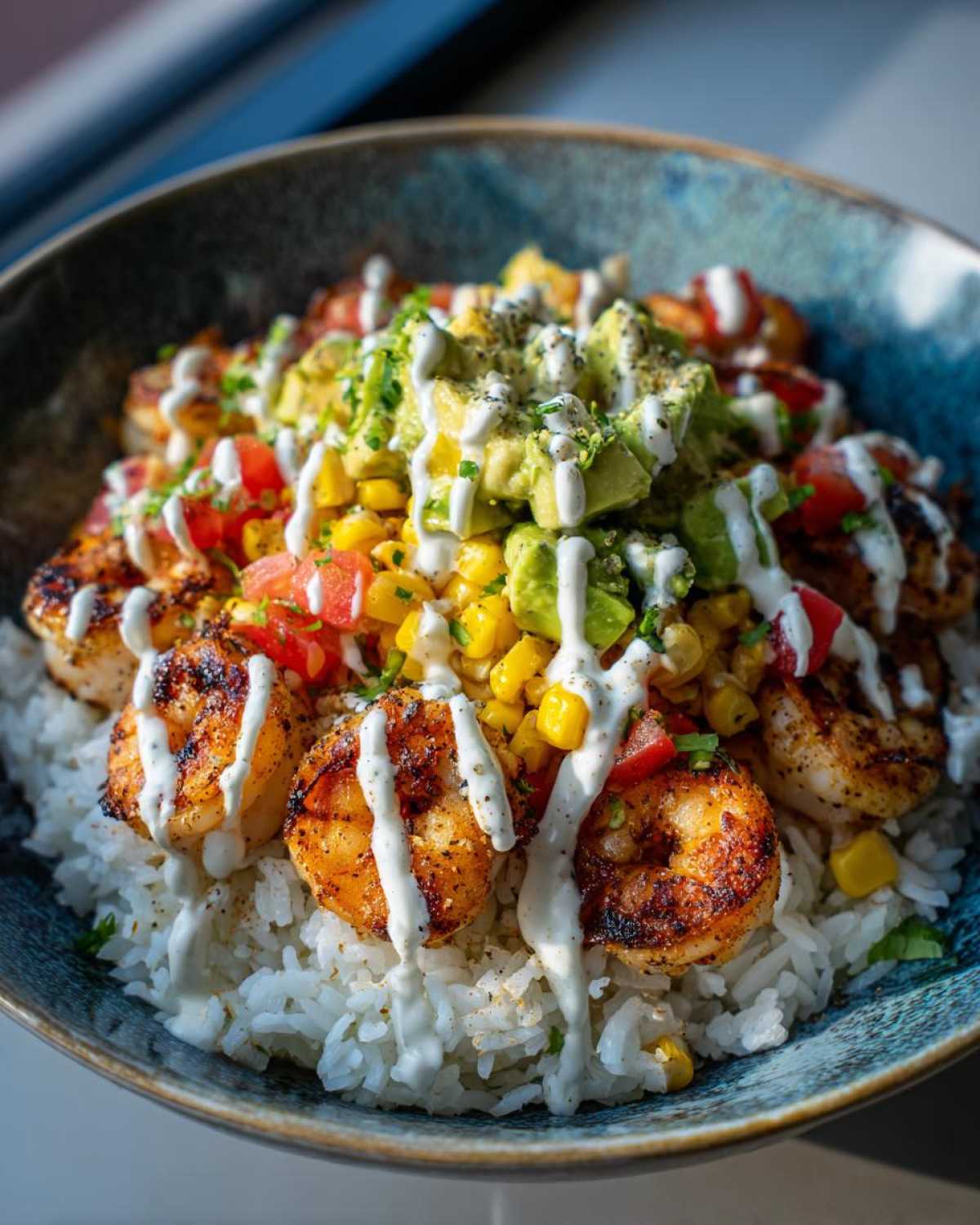 A vibrant shrimp bowl featuring seasoned shrimp over white rice, topped with corn, diced tomatoes, avocado, and a creamy white sauce drizzle.