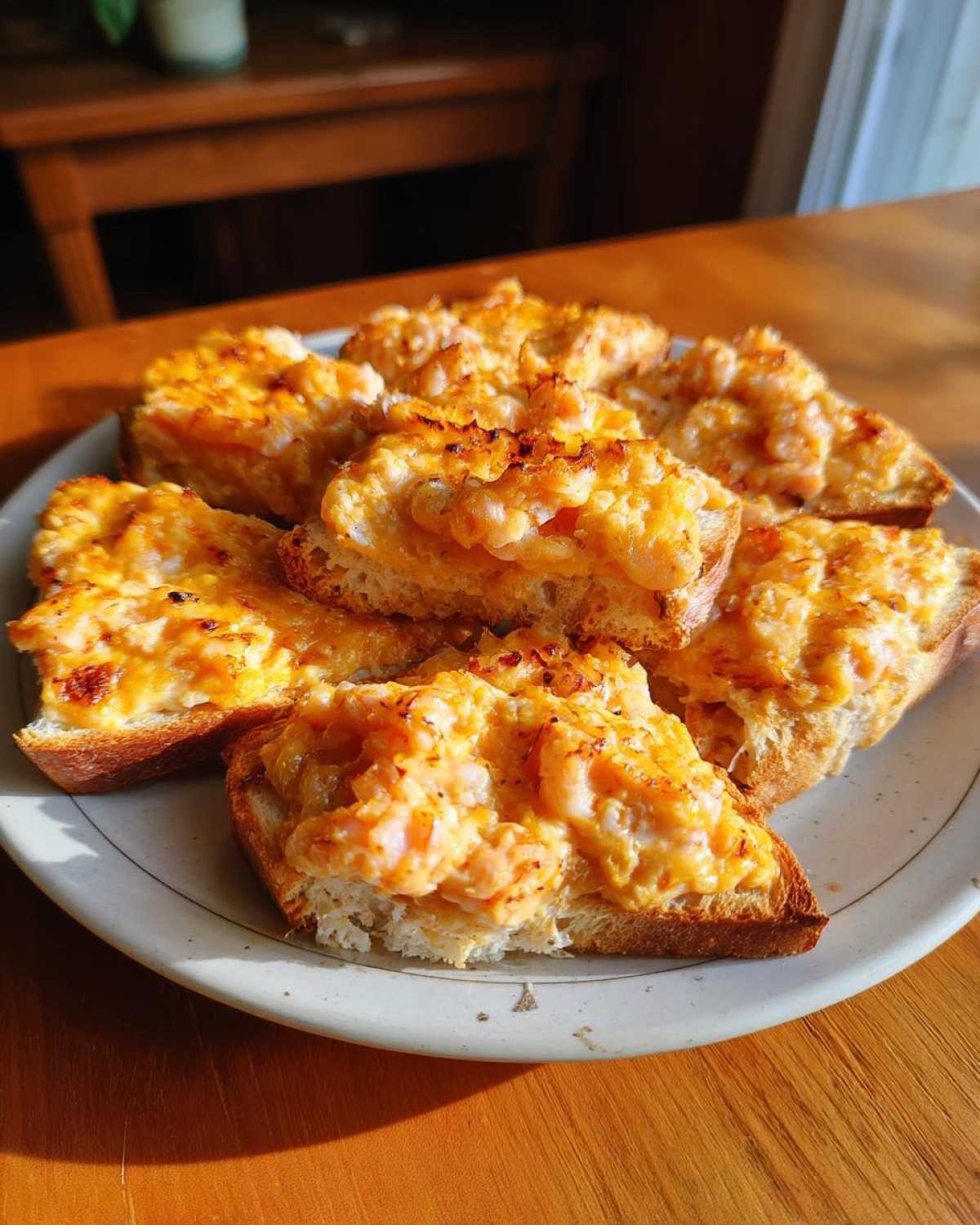 A plate piled high with golden brown, broiled shrimp toast slices, featuring a creamy shrimp topping.