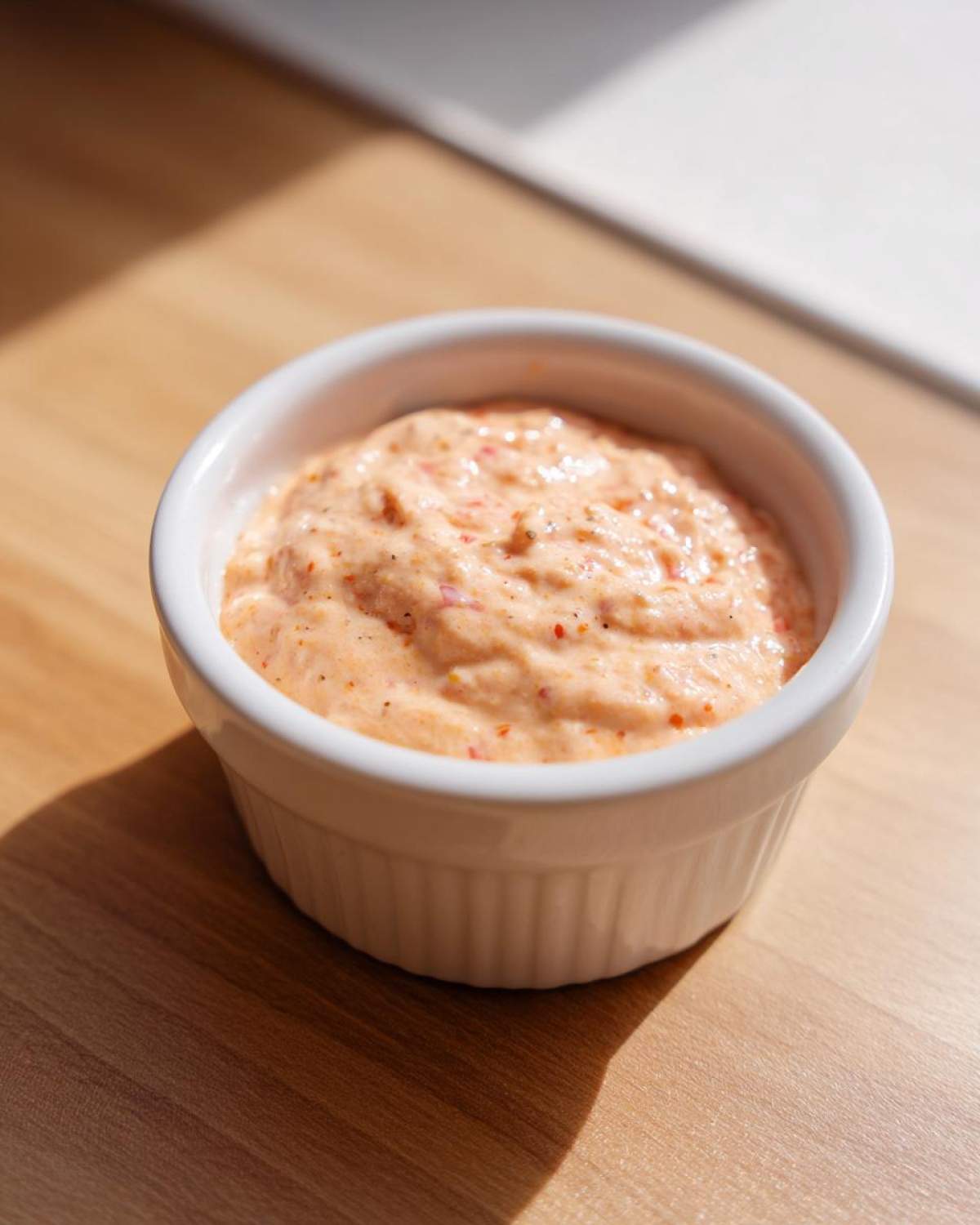 A white ramekin filled with creamy, orange-tinted smash burger sauce, sitting on a wooden surface.