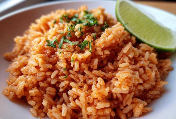 Close-up of a serving of bright orange Spanish rice garnished with fresh cilantro and a lime wedge.