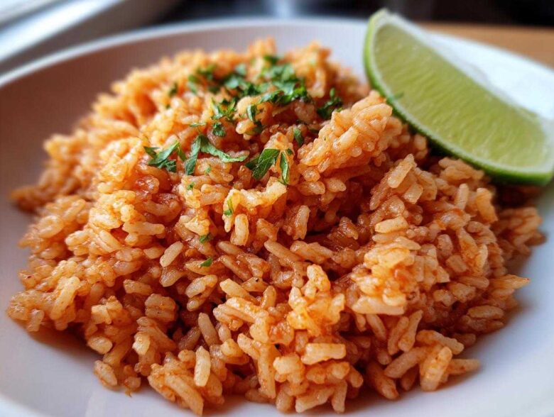 Close-up of a serving of bright orange Spanish rice garnished with fresh cilantro and a lime wedge.
