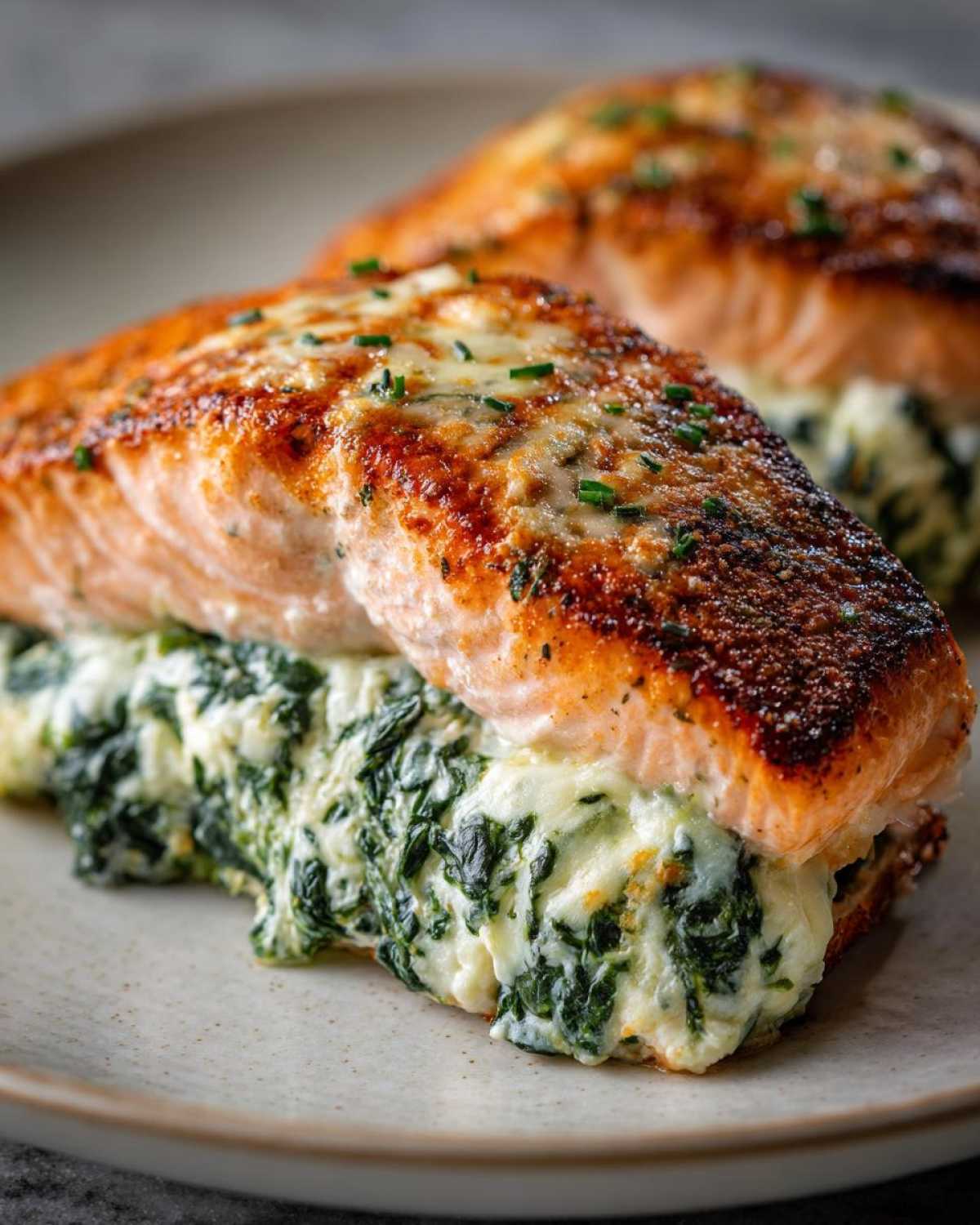 Close-up of a perfectly seared stuffed salmon fillet overflowing with creamy spinach filling.