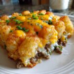 A close-up of a serving of tater tot casserole showing crispy tots, ground beef, and melted cheddar cheese.