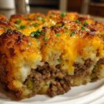 A close-up cross-section of a baked tater tot casserole showing a crispy tater top, melted cheese, and savory ground meat filling.
