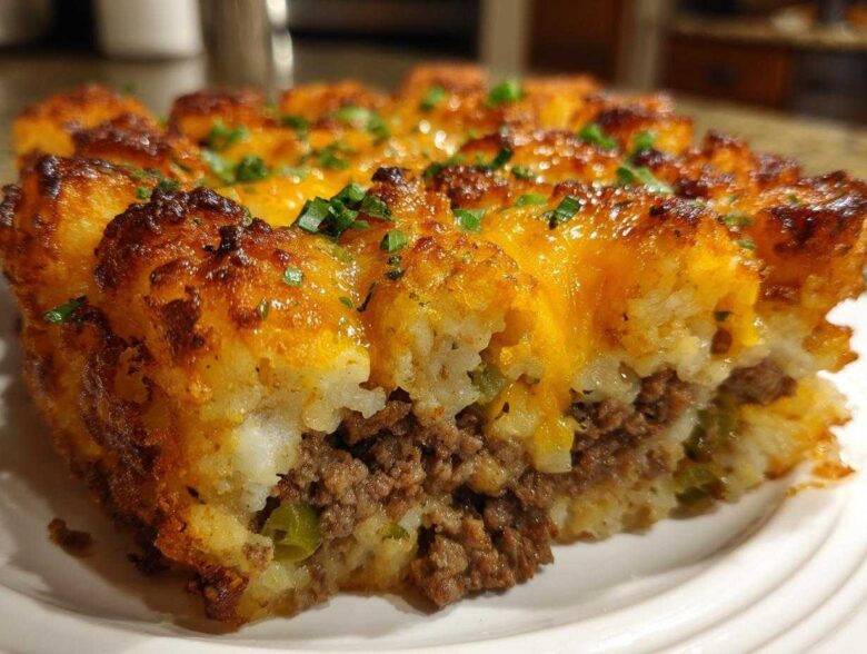 A close-up cross-section of a baked tater tot casserole showing a crispy tater top, melted cheese, and savory ground meat filling.