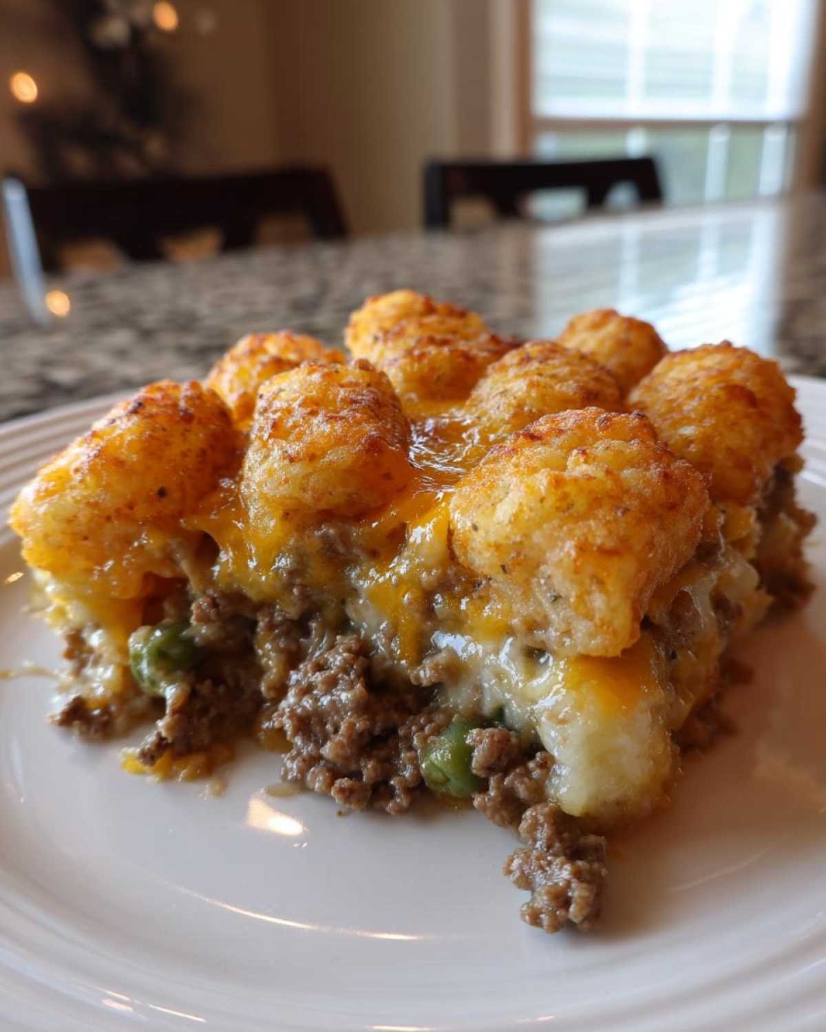 A close-up slice of amazing tater tot casserole showing crispy tots, melted cheese, ground beef, and peas.