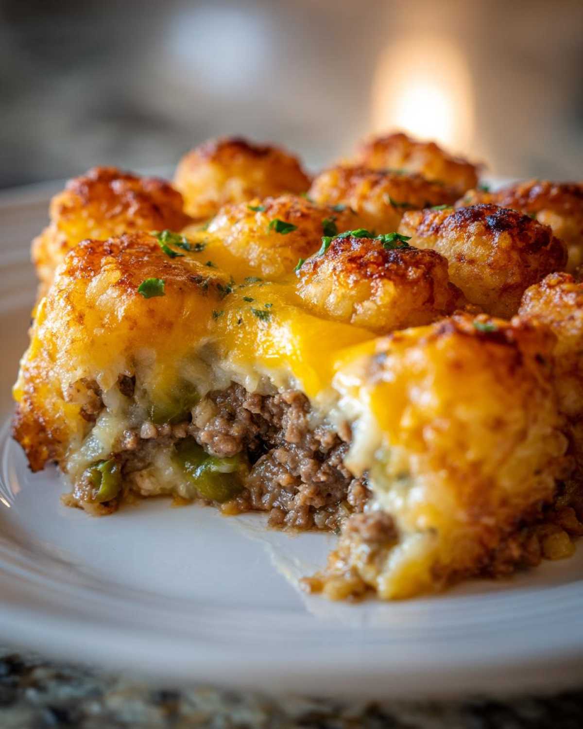 A close-up cross-section of a hearty tater tot casserole slice showing ground beef, green peppers, and a gooey layer of melted cheese and crispy tater tots.