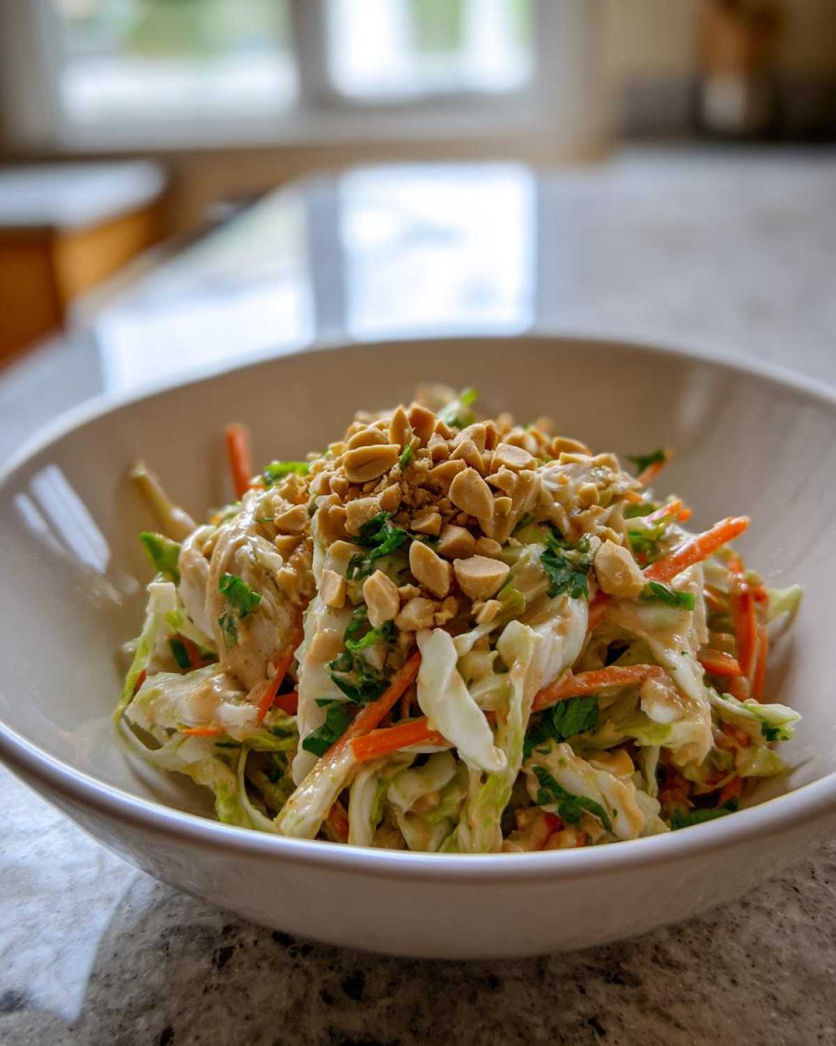 A close-up of amazing thai chicken salad featuring shredded cabbage, carrots, and a peanut dressing, topped with chopped peanuts.
