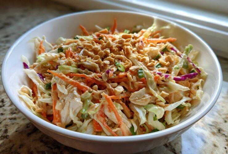 A white bowl filled with vibrant thai chicken salad featuring shredded cabbage, carrots, chicken, and topped generously with chopped peanuts.