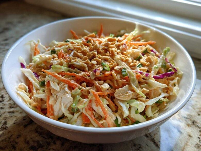 A white bowl filled with vibrant thai chicken salad featuring shredded cabbage, carrots, chicken, and topped generously with chopped peanuts.