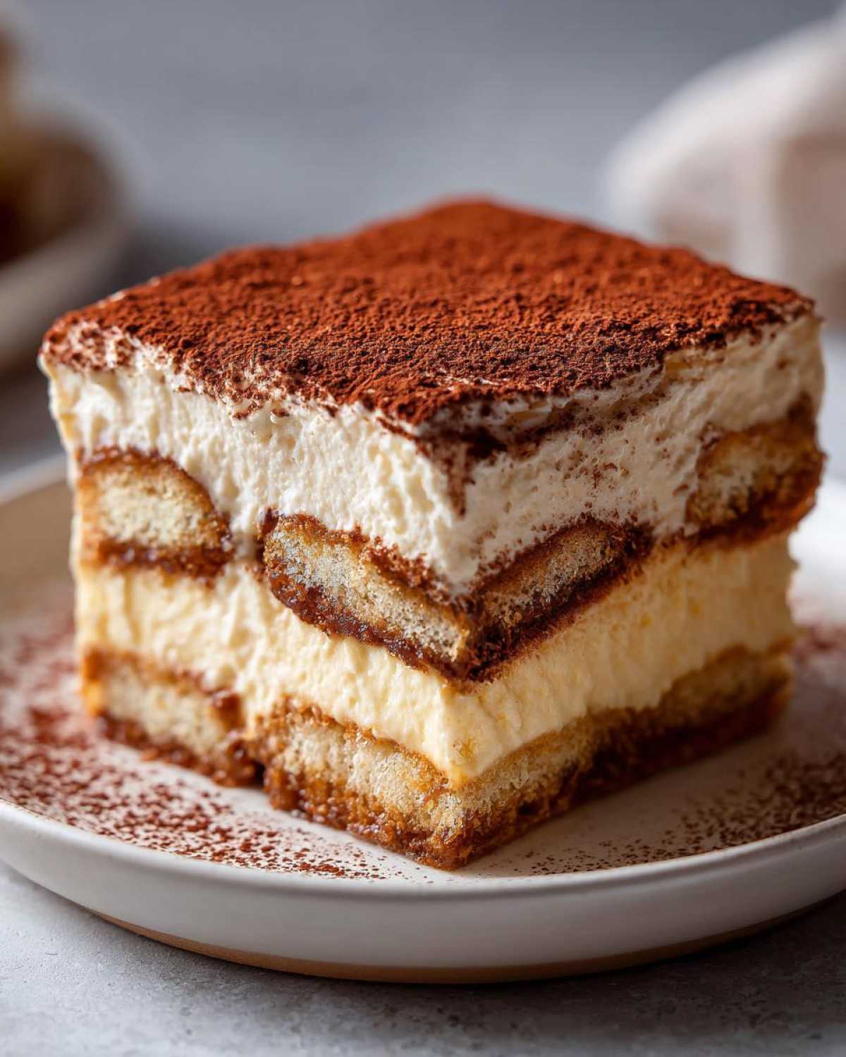 A perfect square slice of homemade tiramisu recipe showing layers of cream, coffee-soaked ladyfingers, and dusted with cocoa.