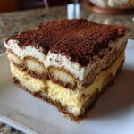 A perfect square slice of homemade tiramisu recipe showing layers of ladyfingers, mascarpone cream, and a dusting of cocoa powder.