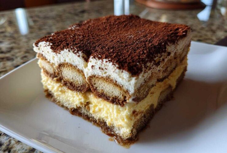 A perfect square slice of homemade tiramisu recipe showing layers of ladyfingers, mascarpone cream, and a dusting of cocoa powder.