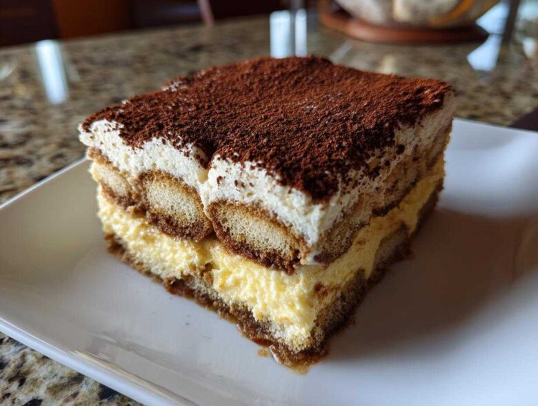 A perfect square slice of homemade tiramisu recipe showing layers of ladyfingers, mascarpone cream, and a dusting of cocoa powder.