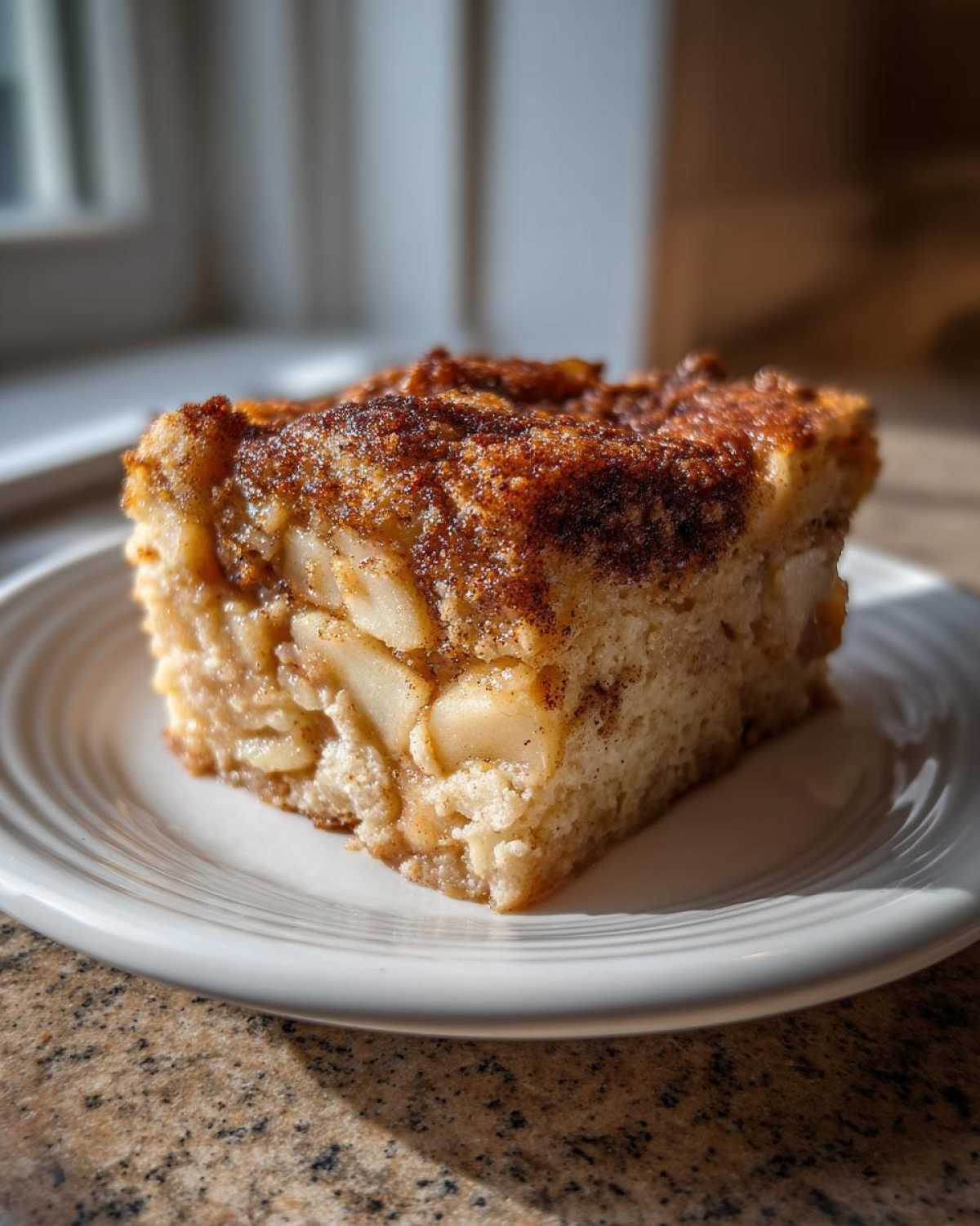 A square slice of moist apple bread pudding topped with cinnamon sugar sits on a white plate.