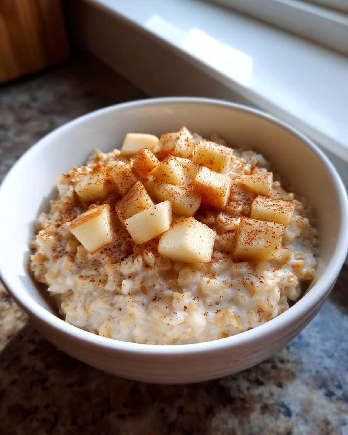 A close-up of creamy apple cinnamon oatmeal topped with fresh diced apples and a dusting of cinnamon.