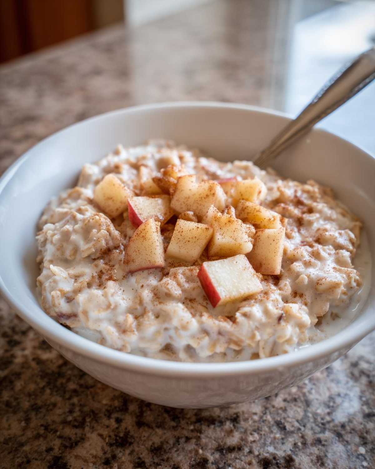 A close-up view of creamy apple cinnamon oatmeal topped with diced apples and sprinkled with cinnamon in a white bowl.