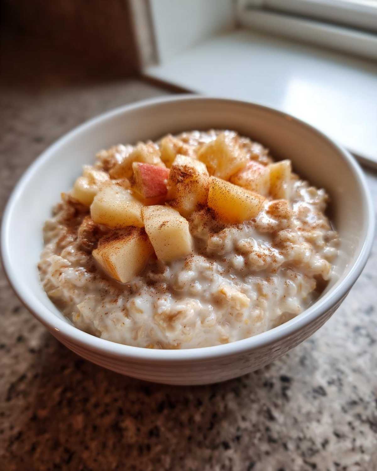 Close-up of a white bowl filled with creamy apple cinnamon oatmeal, topped with diced apples and sprinkled with cinnamon.
