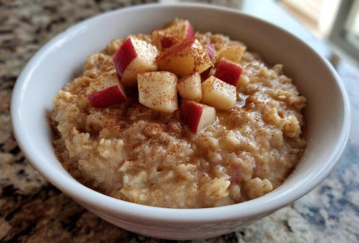 Close-up of a white bowl filled with creamy apple cinnamon oatmeal, topped with diced red apples and a sprinkle of cinnamon.
