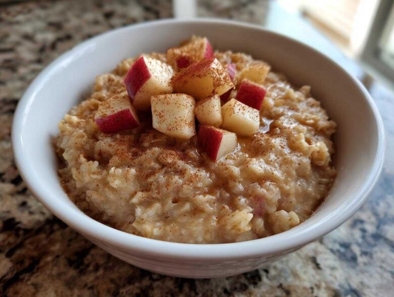 Close-up of a white bowl filled with creamy apple cinnamon oatmeal, topped with diced red apples and a sprinkle of cinnamon.