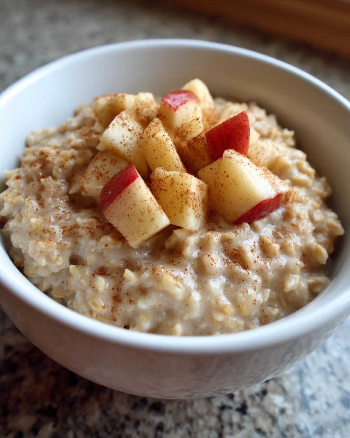 Close-up of a white bowl filled with creamy apple cinnamon oatmeal, topped with diced red apples and sprinkled cinnamon.