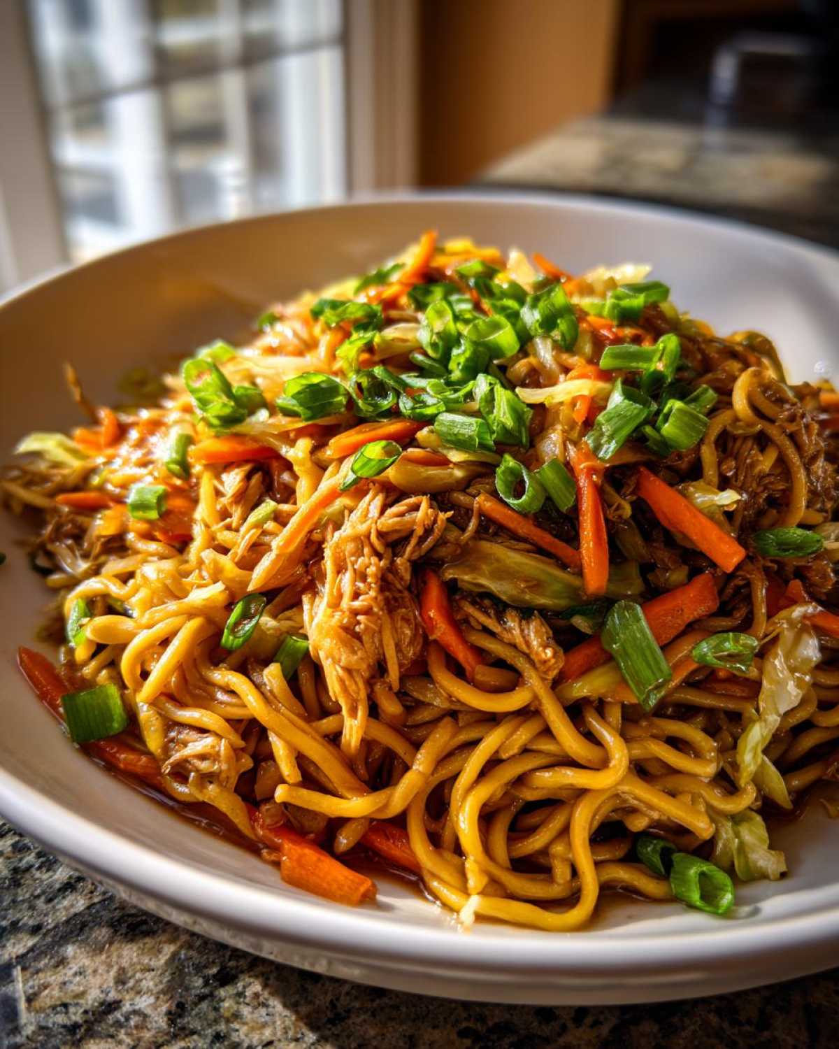 A close-up of a generous serving of savory fried noodles mixed with shredded meat, carrots, cabbage, and topped with fresh green onions.