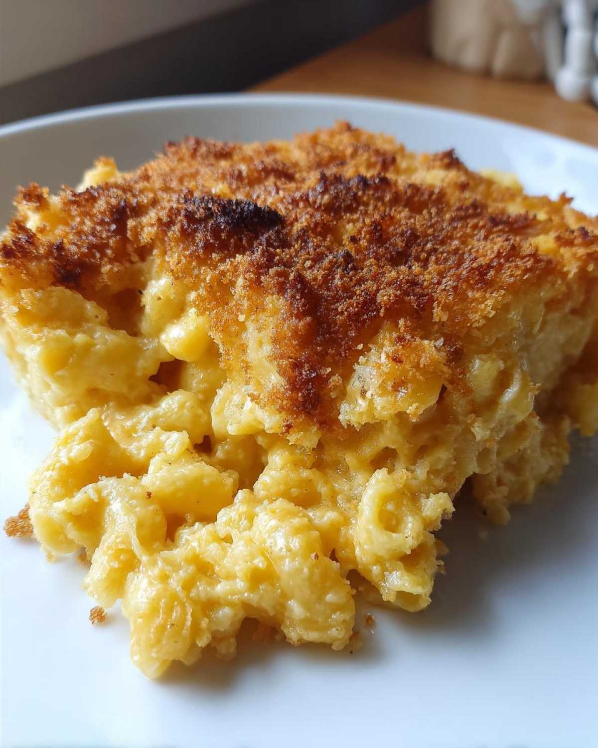 A close-up view of a serving of creamy baked mac and cheese recipe topped with a golden-brown, crunchy breadcrumb crust.