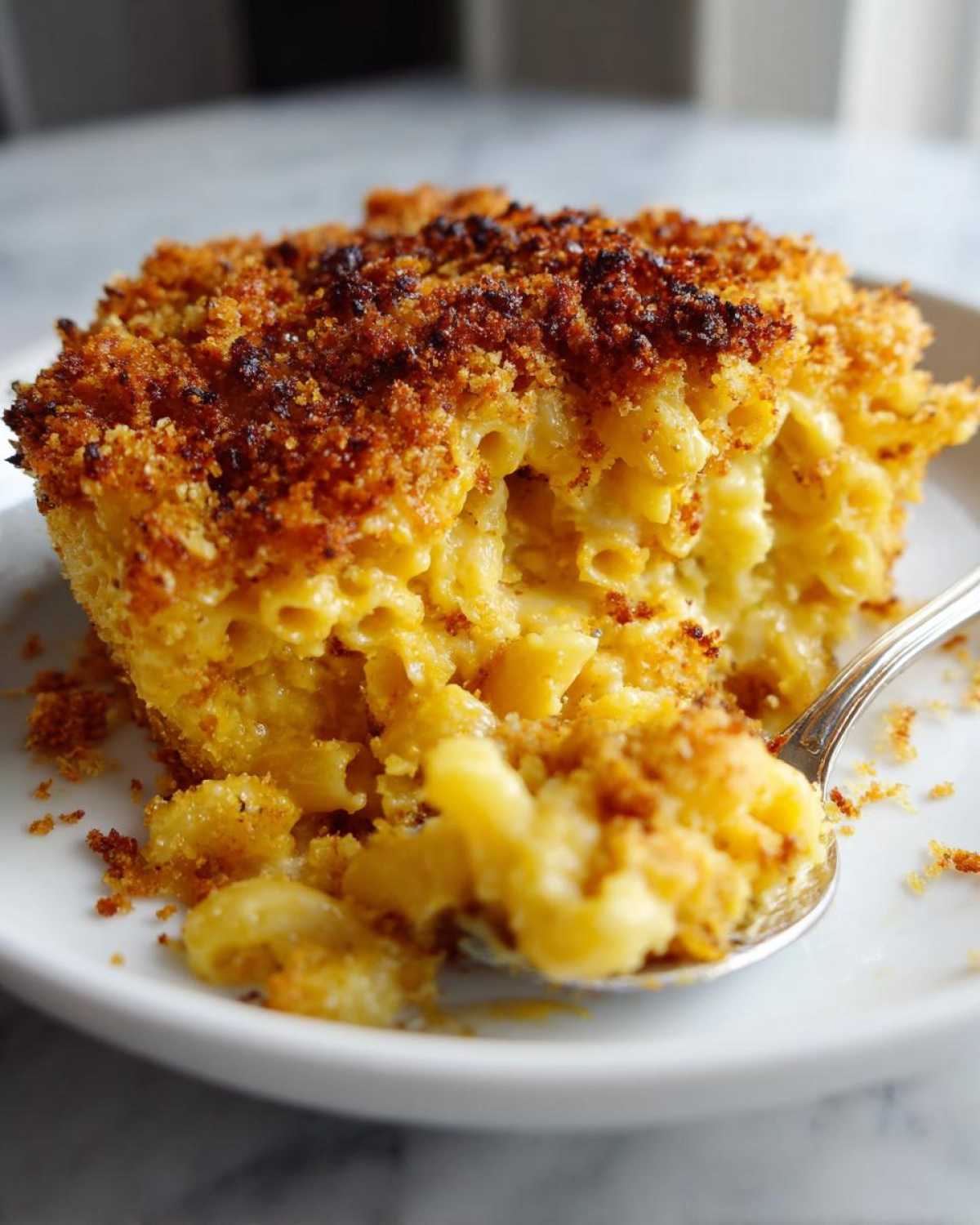 A spoonful of creamy baked mac and cheese recipe with a golden, crunchy breadcrumb topping on a white plate.