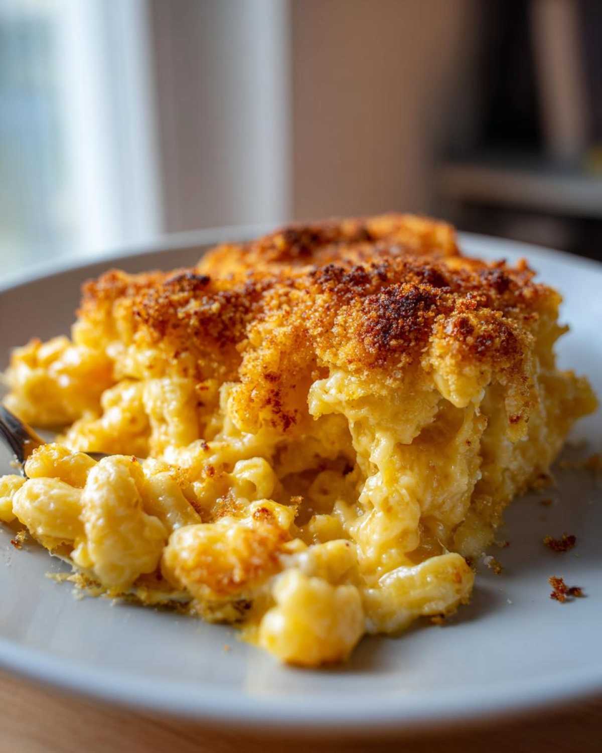 A close-up of a serving of creamy baked mac and cheese recipe with a golden, crunchy breadcrumb topping.