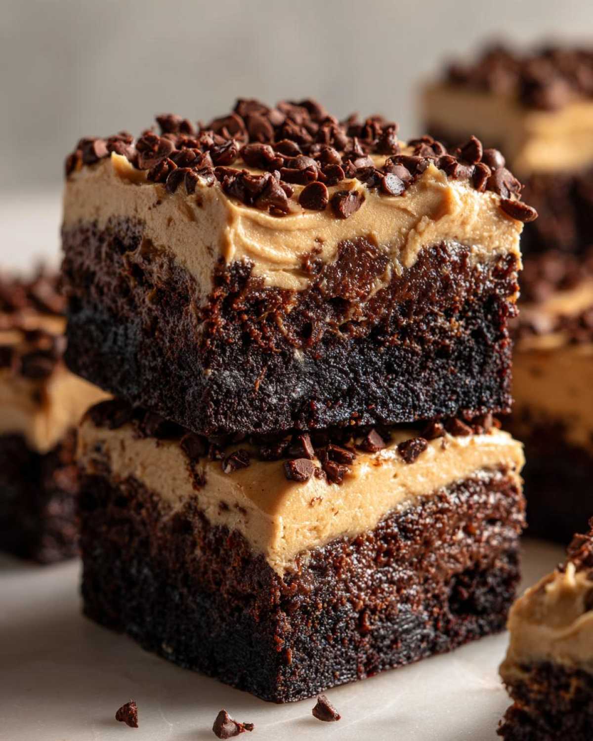 Two stacked, rich chocolate banana bread brownies topped with peanut butter frosting and mini chocolate chips.
