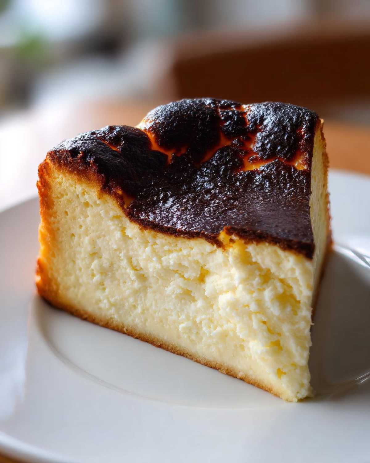 A close-up of a creamy slice of basque cheesecake featuring its signature dark, caramelized top.
