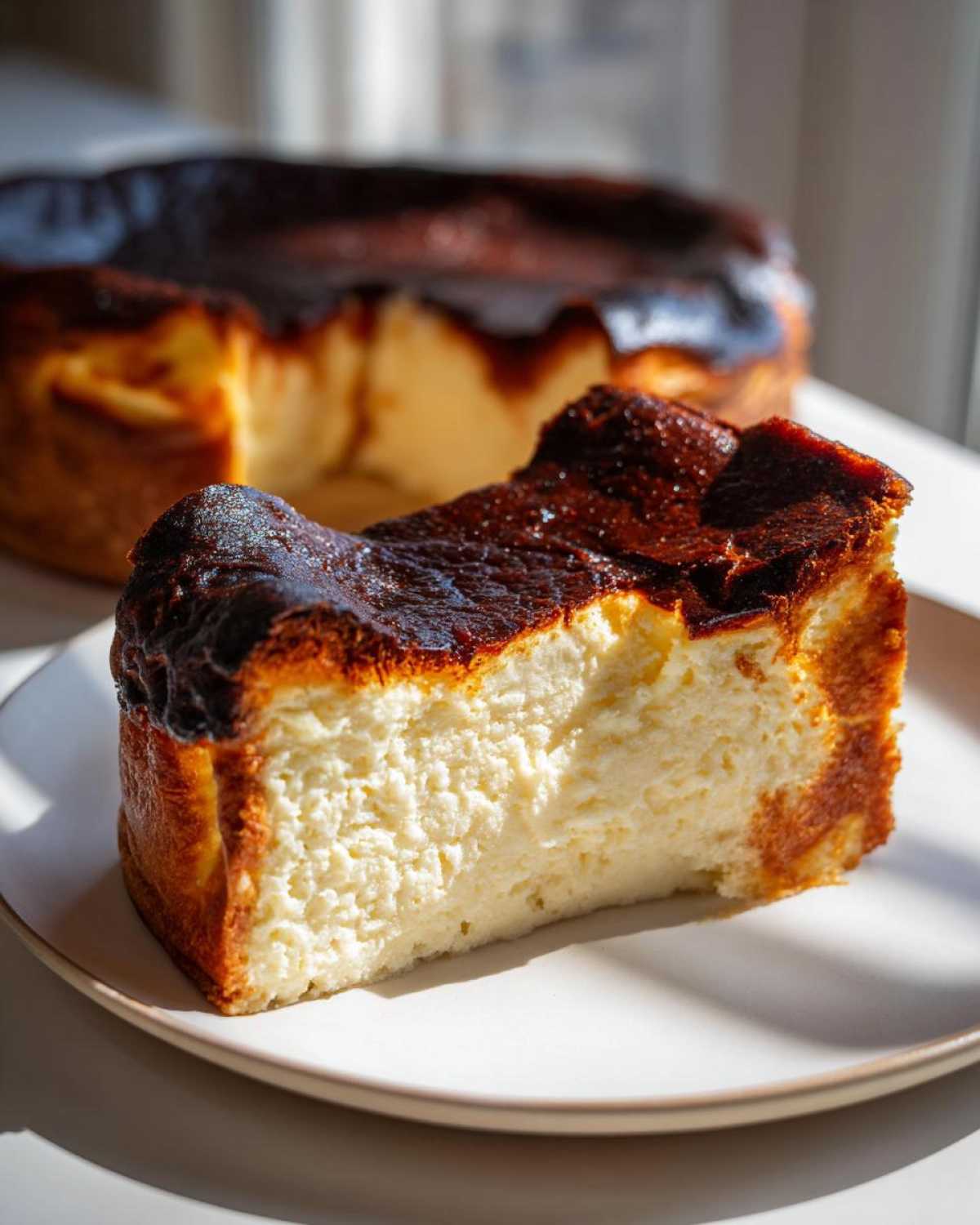 A thick slice of creamy basque cheesecake with a dark, caramelized top resting on a white plate.